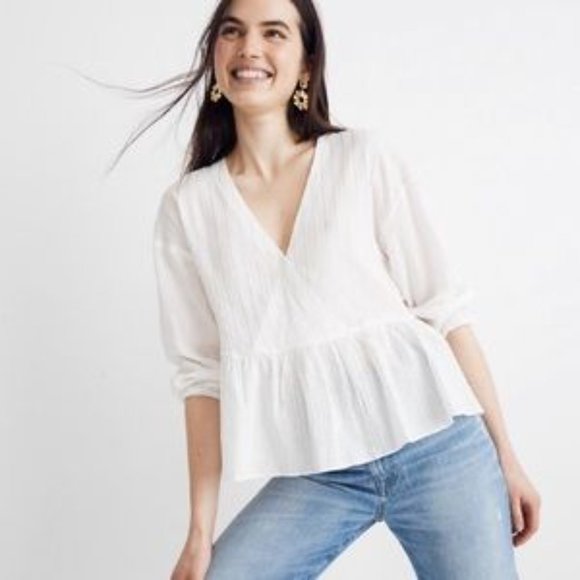 Madewell Tops - Madewell Bubble-Sleeve Peplum Top In Metallic Stripe White Size Small